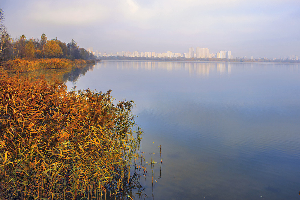 Фотографія Вранішній туман нарешті розступається, і на озері Тягле тепер є і жовтий берег, і далеке місто. / Юрій Максименко / photographers.ua