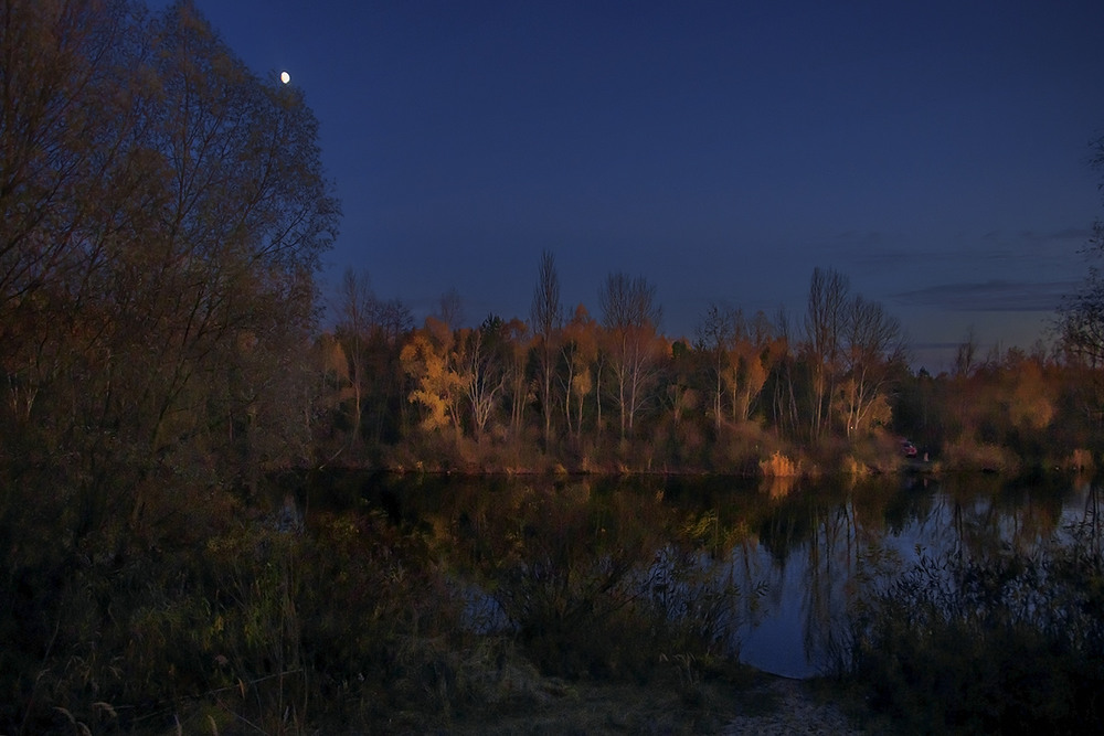 Фотографія Сонячне сяйво з-під обрію опломенило на хвильку нічний ліс на березі озера. / Юрій Максименко / photographers.ua